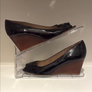 Tory Burch Black Wedge Pumps with Patent Leather Finish